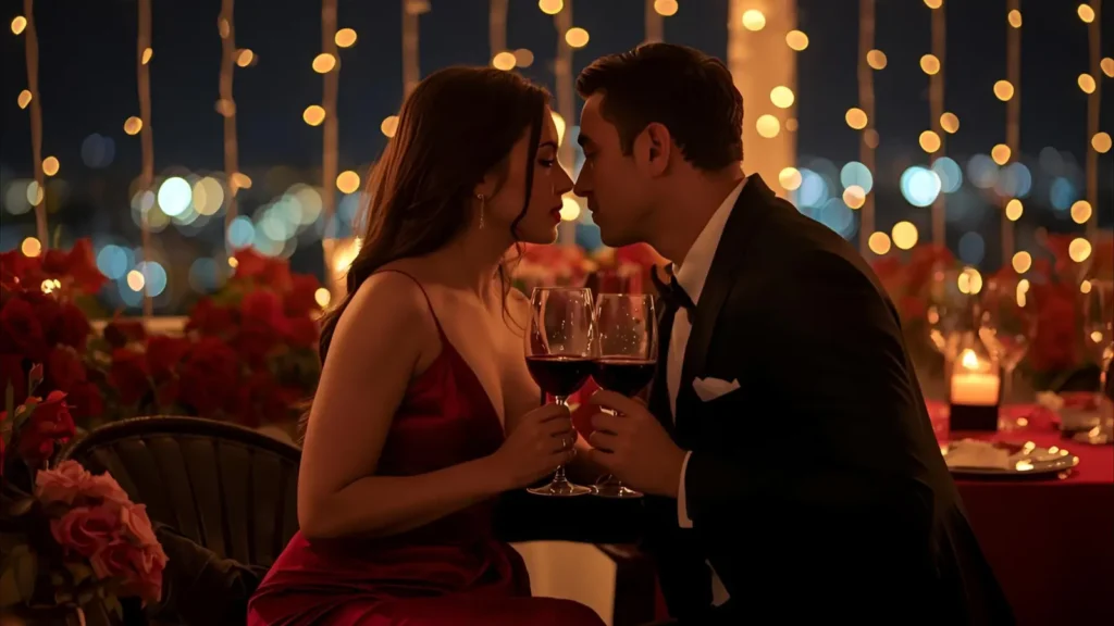 Couple raising wine glasses while sitting on a private dinner table near sea, moonlight reflection in water, romantic slow-dance pose while sitting close, woman smiling playfully while touching man's face, man leaning closer to her, classy outfits, roses on table, luxury dinner setup, dreamy atmosphere with sparkles and candlelight, seductive & classy
Anniversary Dinner Captions for Instagram